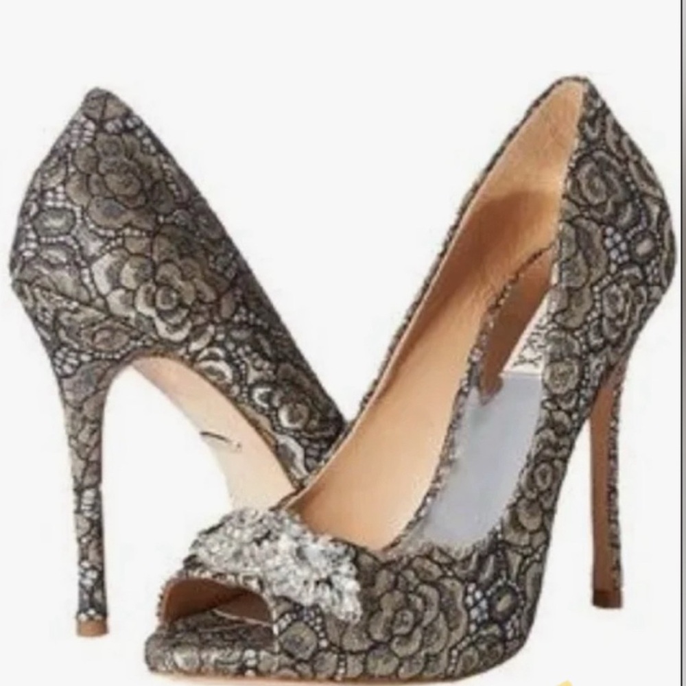 NEW AUTHENTIC| Badgley Mischka Vanetia Ii Open Toe Evening Pump |Color:Plat Lace